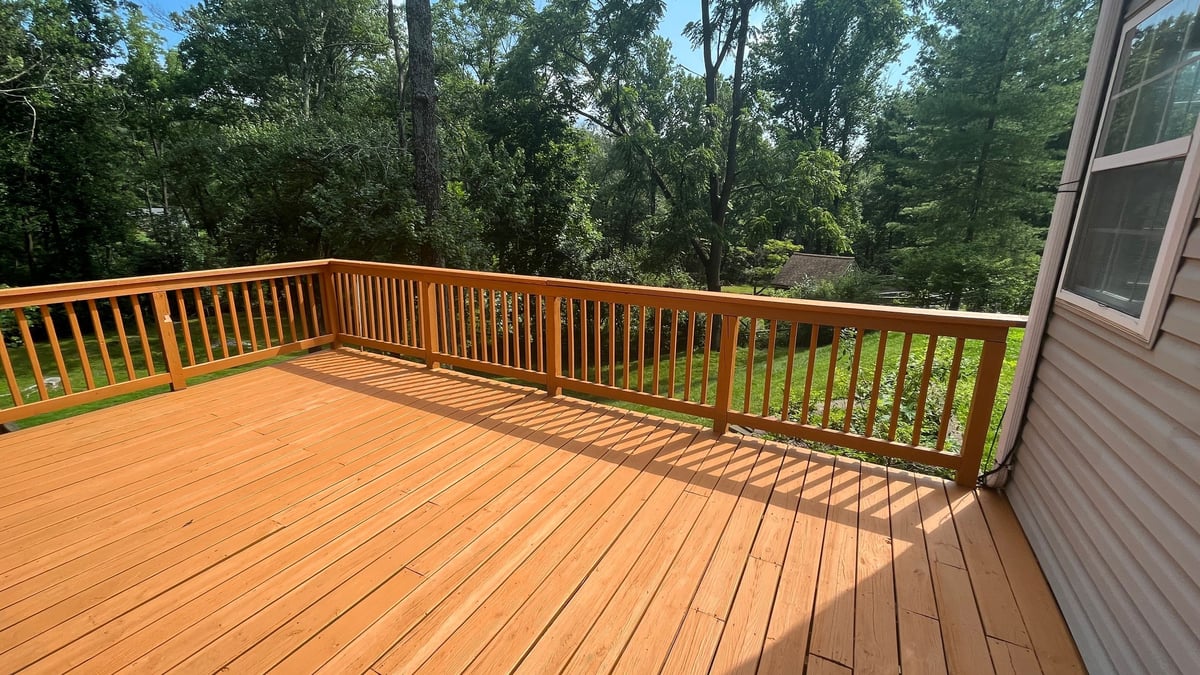 A wooden deck with a set of sliding glass doors providing an unobstructed view of a lush green tree