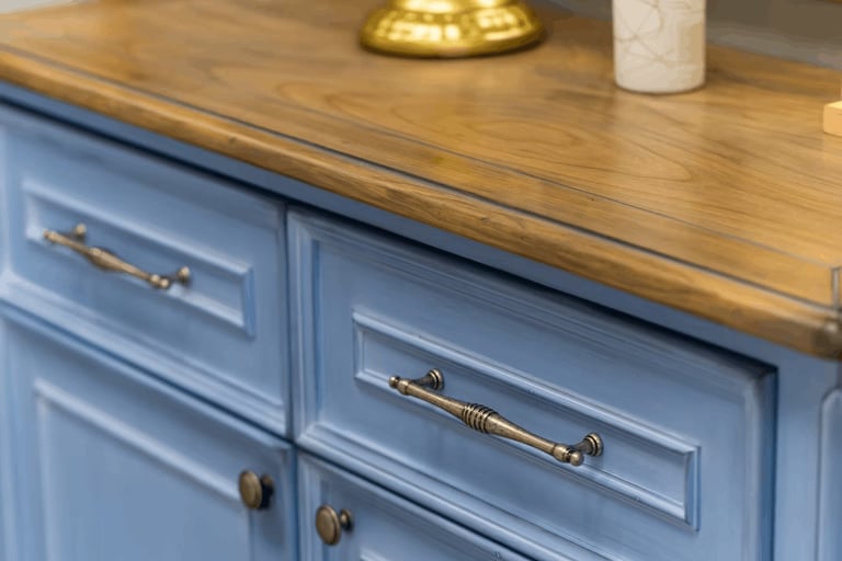 Blue kitchen cabinet with wooden countertop, brass drawer pulls and handles, and decorative items on top